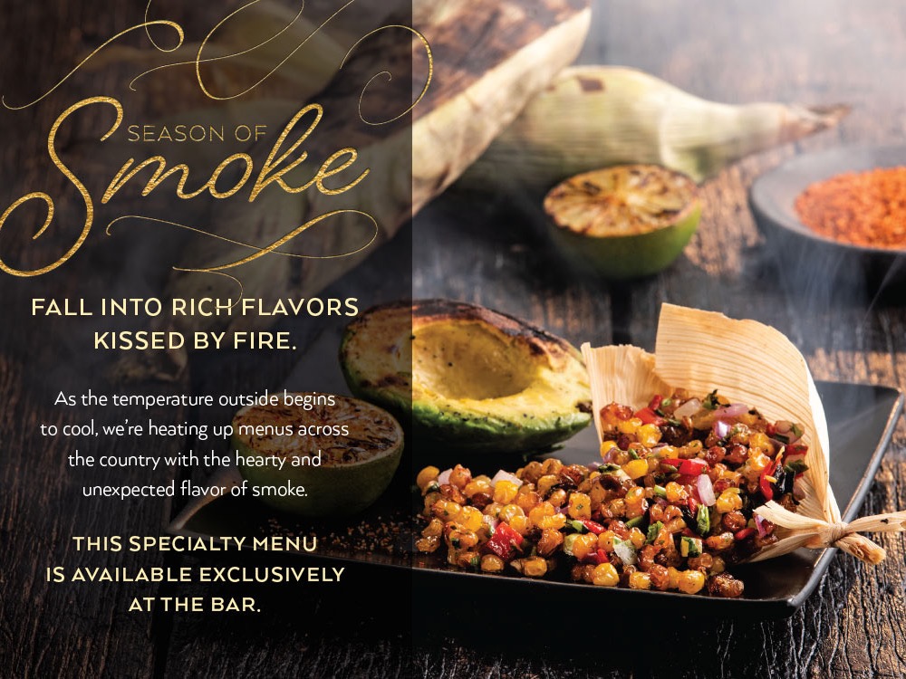 Omni Season of Smoke — branded specialty card with grilled fare