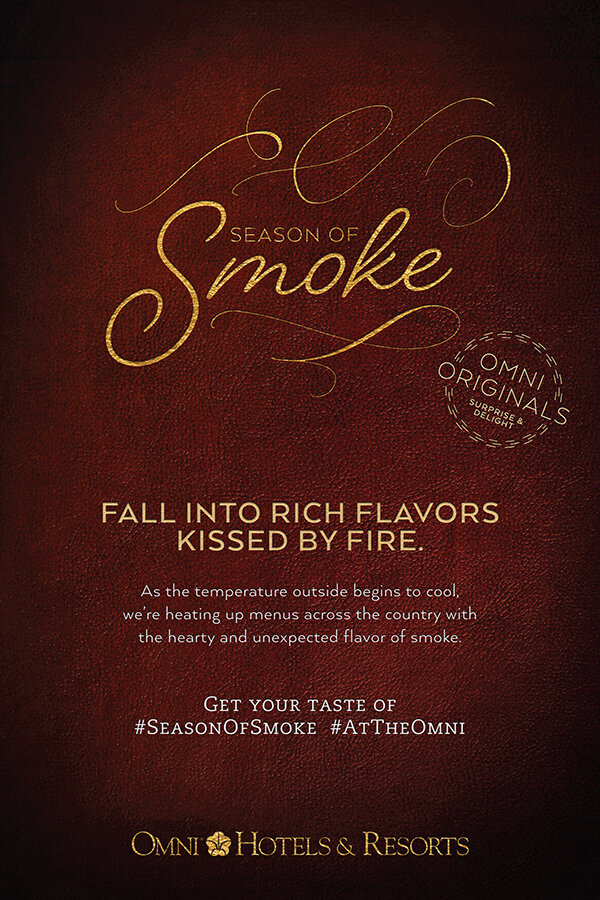 Season of Smoke poster — “Fall into rich flavors kissed by fire” in gold on red leather