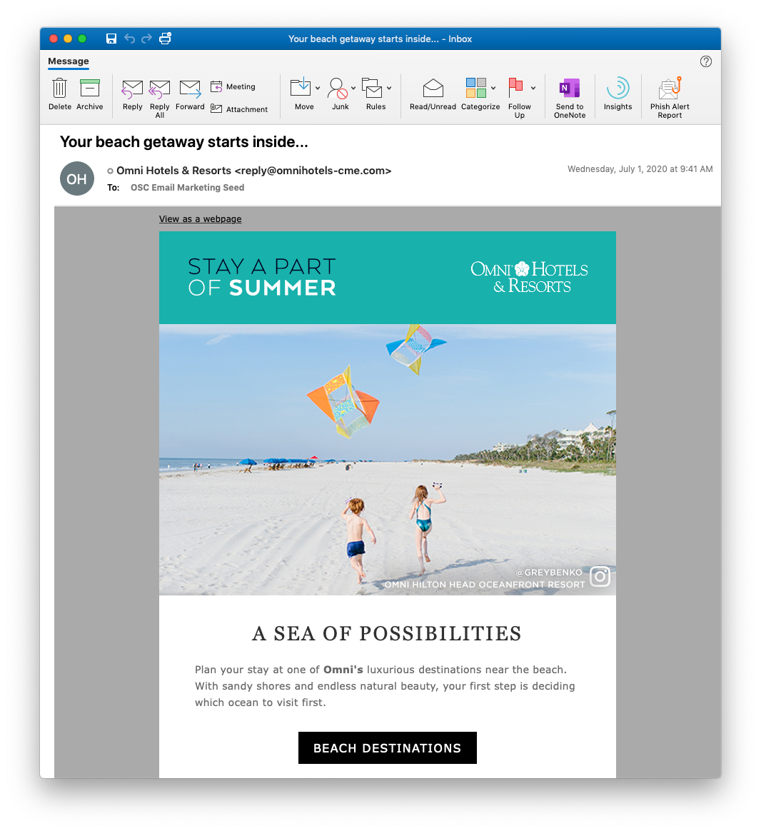 'Stay A Part Of Summer' email — 'Your beach getaway starts inside' with A Sea of Possibilities beach story