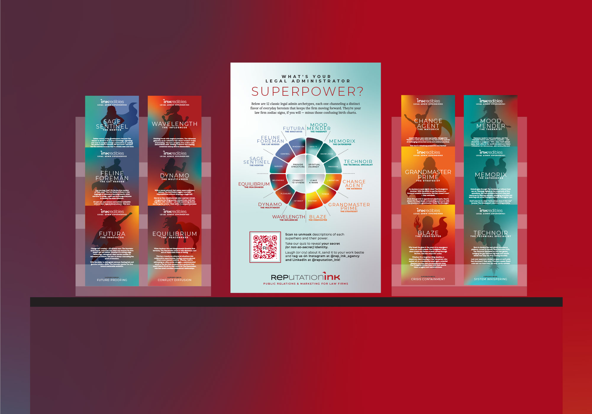 Booth tabletop display — collectible Inkredibles archetype cards and ribbon stands arranged around the “What's Your Legal Administrator Superpower?” wheel poster