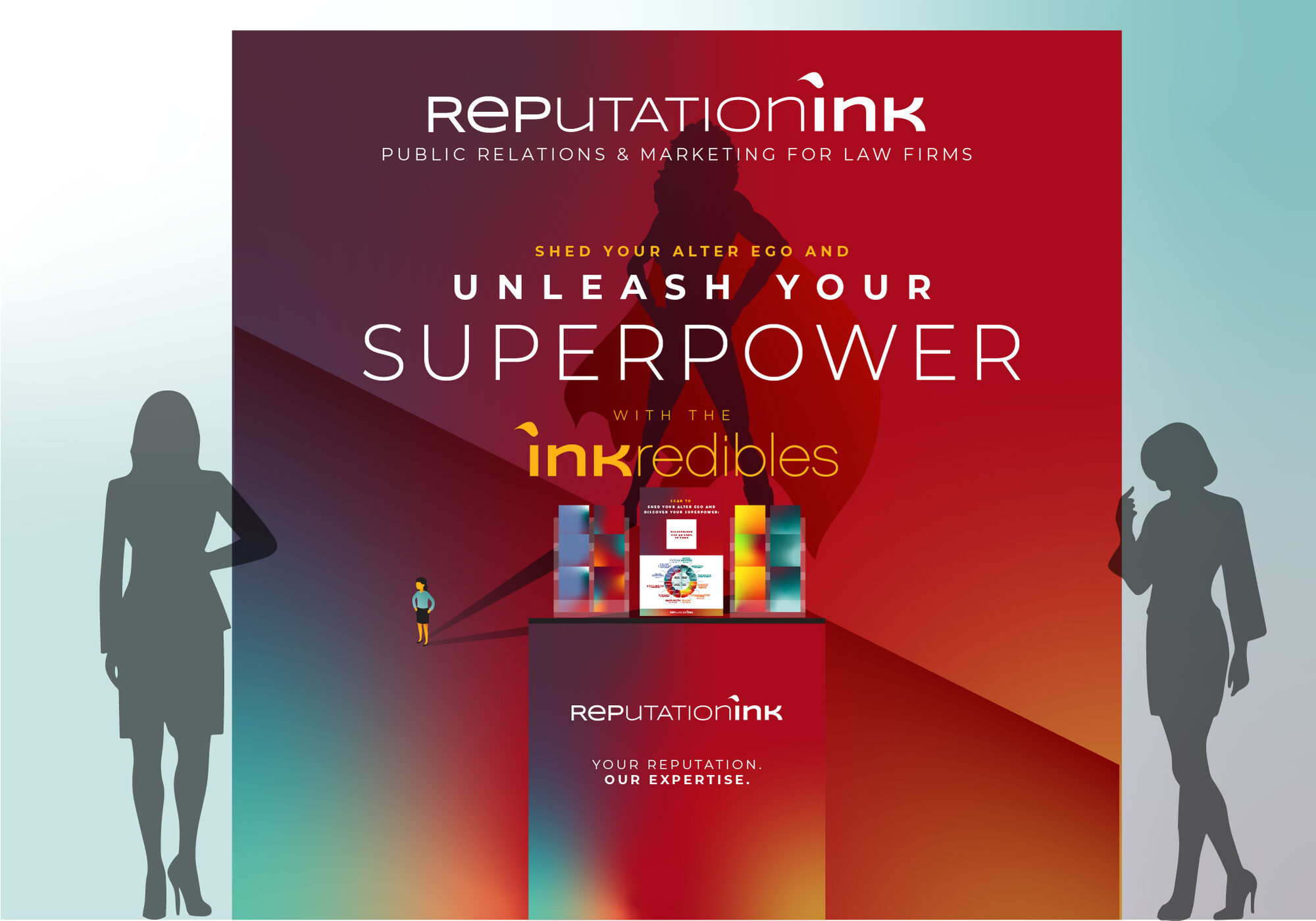 Booth backdrop — “Shed Your Alter Ego and Unleash Your Superpower with the Inkredibles” on a red gradient