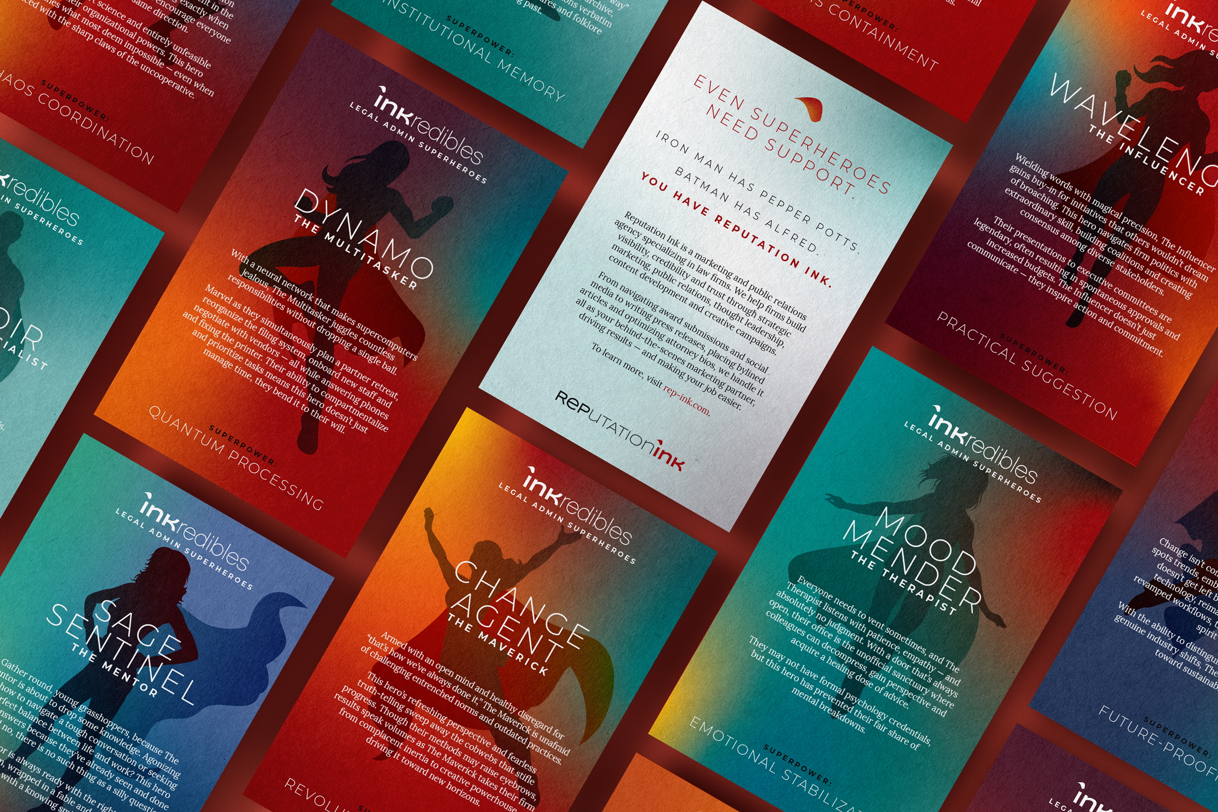 Collectible Inkredibles archetype cards — Dynamo, Wavelength, Mood Mender, Change Agent and more — each a legal-admin superhero with its own superpower