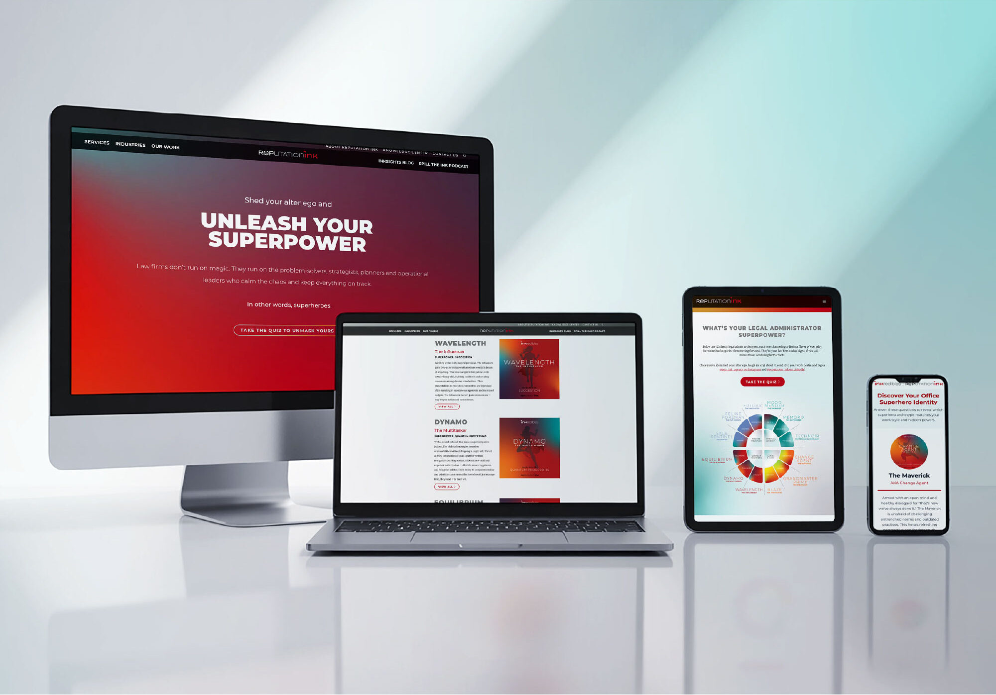 The superhero quiz landing page across desktop, laptop, tablet, and phone — “Unleash Your Superpower”