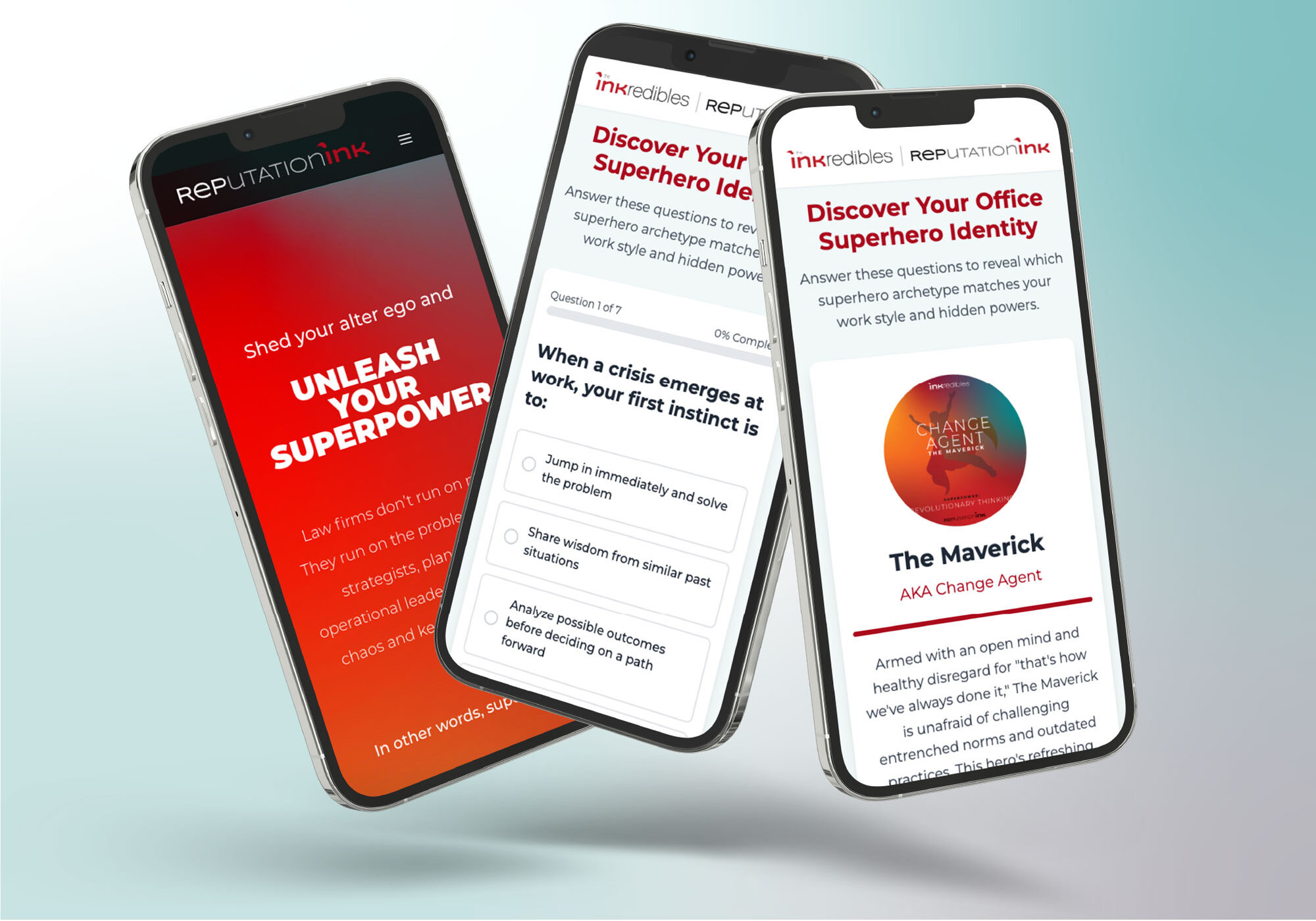 Three phones showing the Inkredibles quiz — “Discover Your Office Superhero Identity” and a Maverick archetype result